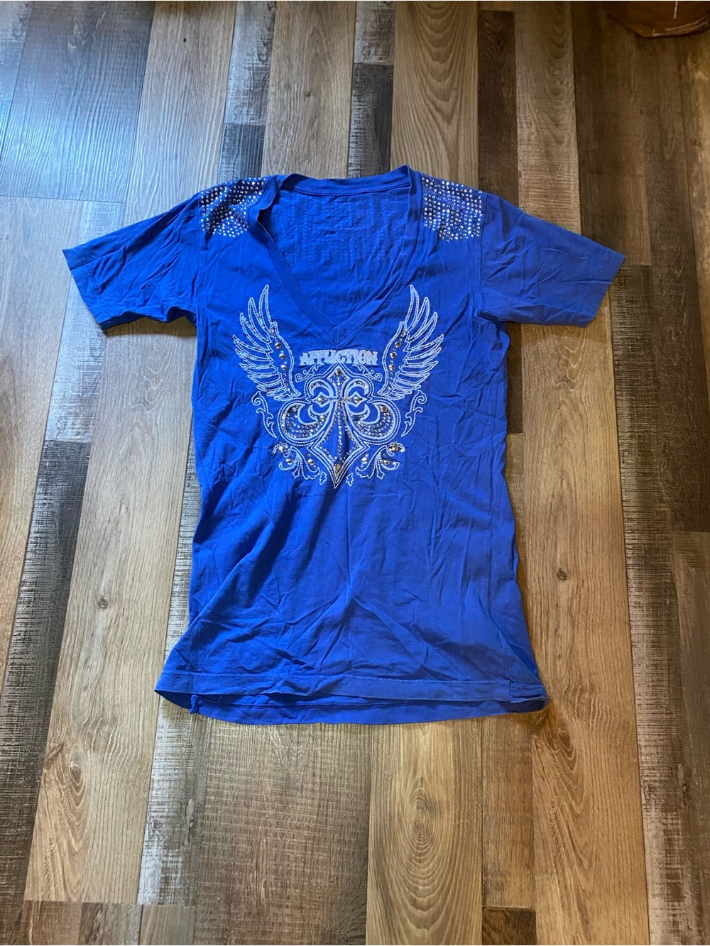 Affliction Royal Blue V-Neck Graphic Tee with Silver Accents